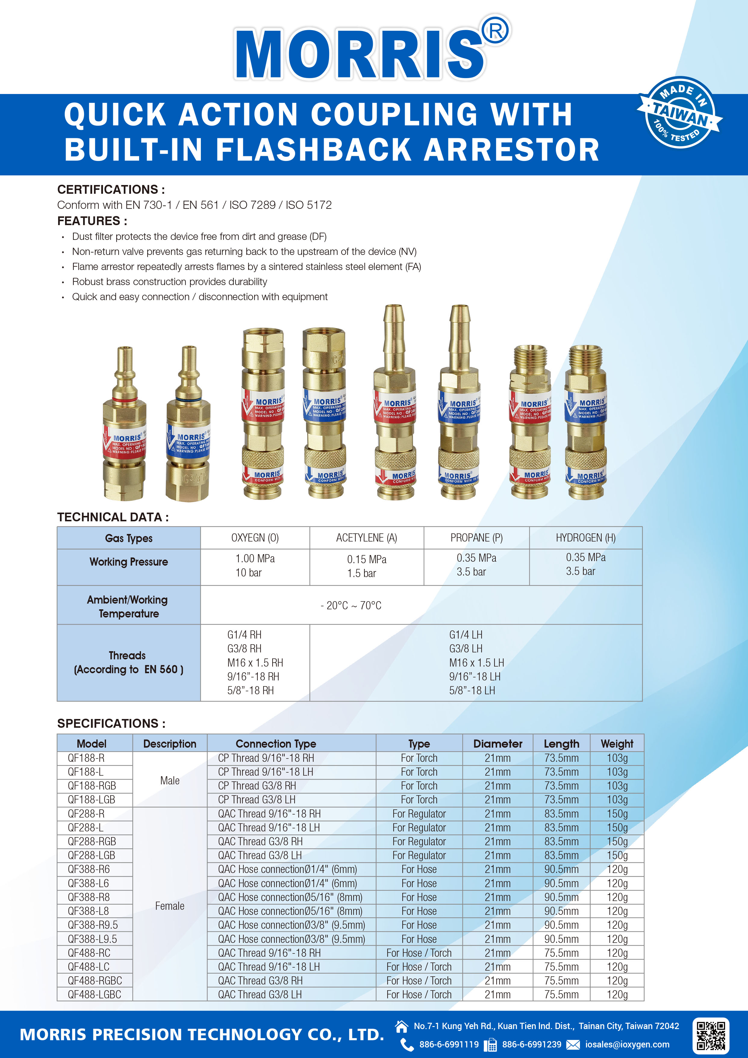 Quick Action Coupling With Built-In Flashback ArrestorS (MORRIS)